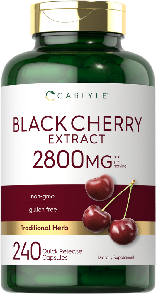 A bottle of 240 quick release capsules with 2800mg of black cherry extract, placed on a bulk scale for measurement.