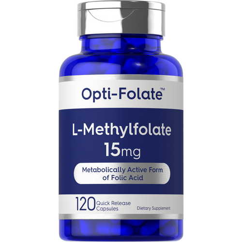 View 1 L-Methylfolate 15mg, 120 capsules in a bulk pack with quick release, displayed on a hand scale to show product weight.