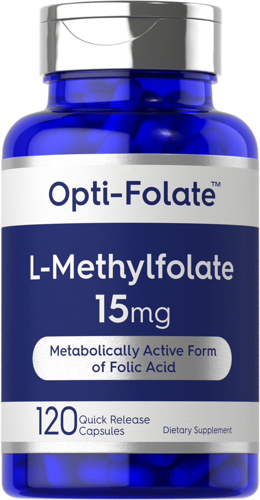 L-Methylfolate 15mg, 120 capsules in a bulk pack with quick release, displayed on a hand scale to show product weight.