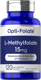L-Methylfolate 15mg, 120 capsules in a bulk pack with quick release, displayed on a hand scale to show product weight.
