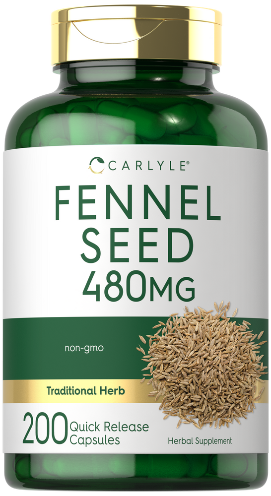 Carlyle Fennel Seed 480 mg bottle with 200 quick-release capsules shown in hand for scale.