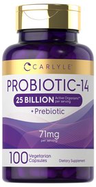 Carlyle Probiotic-14 offers 100 vegetarian capsules. The image shows the bottle on a hand scale, highlighting its lightweight packaging.