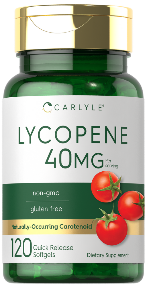 Quick Release Softgels containing 40 mg of Lycopene displayed on bulk-scale alongside a hand for size reference.