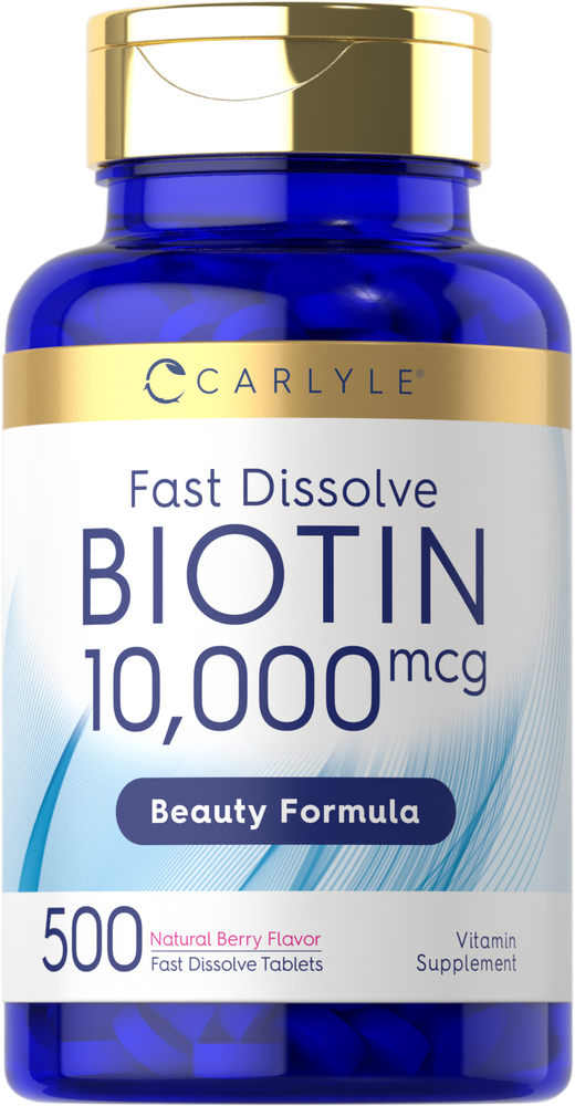 A hand holds a bottle labeled Biotin 10,000mcg with 500 fast-dissolve tablets, designed for quick absorption and nutritional support.