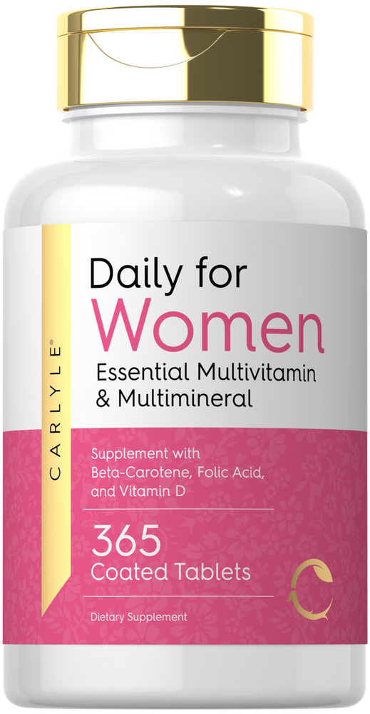 A bottle of Daily for Women Essential Multivitamin & Multimineral with 365 coated tablets, shown on a bulk scale.