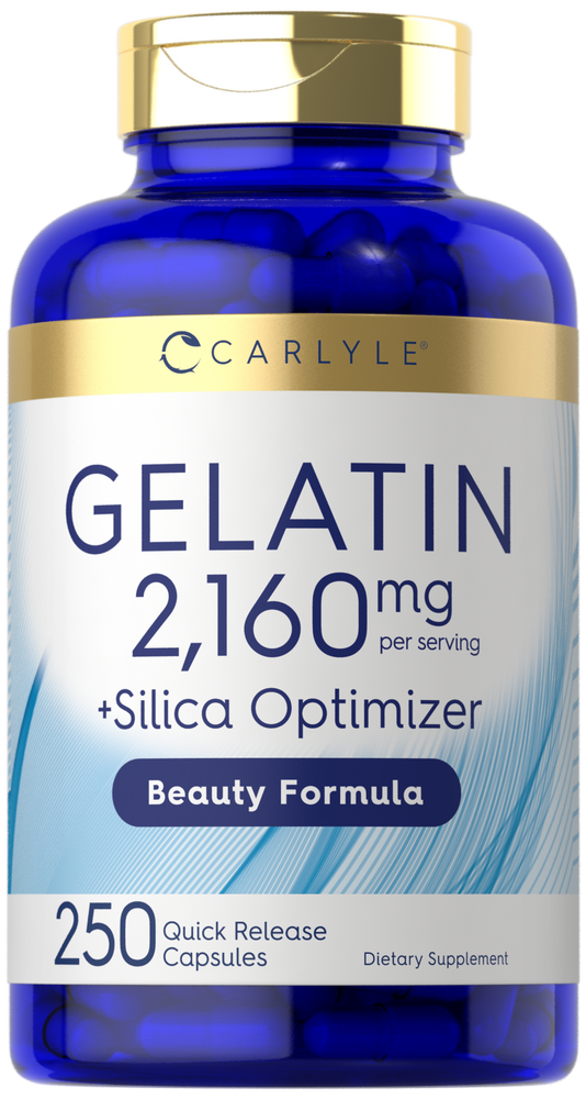 Carlyle Gelatin 2,160 mg per serving capsules, quick release, 250 count, displayed on a hand scale.