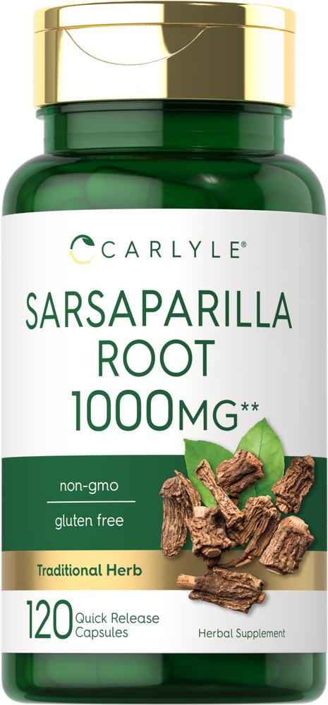 A hand holds a bottle of Sarsaparilla Root 1000MG, containing 120 quick release capsules, showcasing the supplement's packaging.