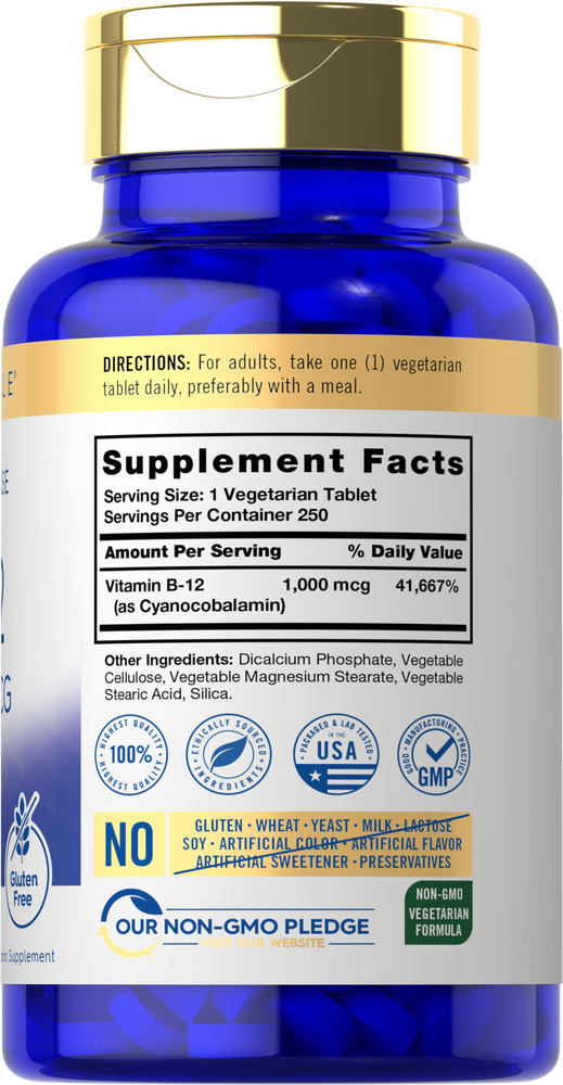 Hand holding a bottle of Timed Release Vitamin B-12, 1000 mcg, containing 250 vegetarian tablets.