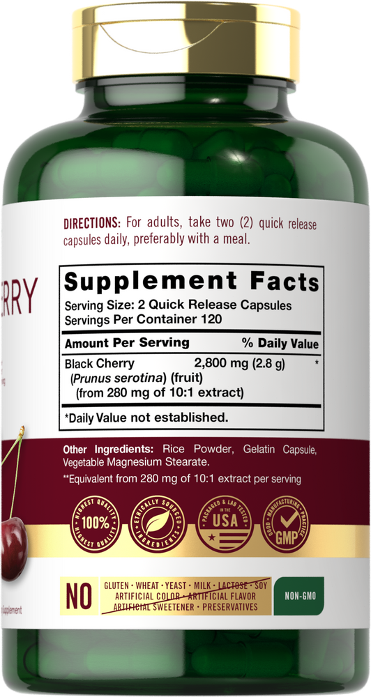 A hand holding Black Cherry 2800 mg Quick Release Capsules, emphasizing their potency. Ideal for wellness enthusiasts.