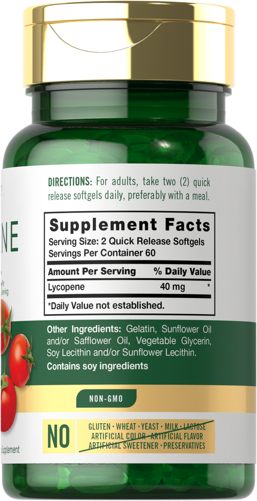 Bottle of Lycopene 40 mg with 120 quick release softgels on bulk scale.