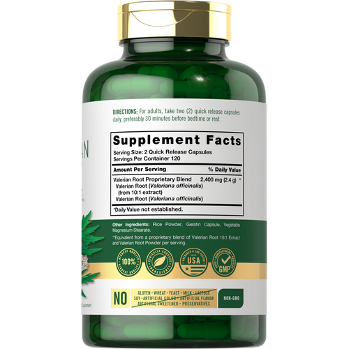 View 2 Green Valerian Root capsules seen inside the bottle, offering 2400 mg per two quick release capsules.