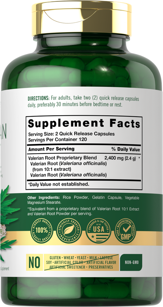 Green Valerian Root capsules seen inside the bottle, offering 2400 mg per two quick release capsules.
