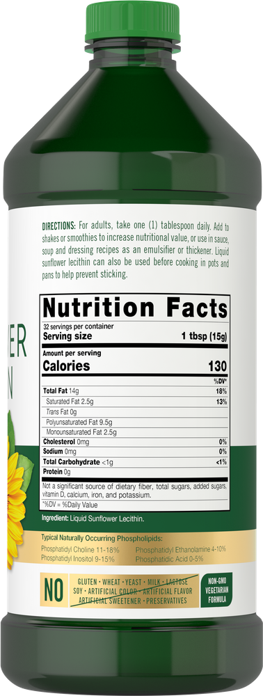 A 16 oz bottle of Sunflower Lecithin Liquid, shown placed on a hand for size reference.