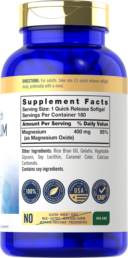 Hand holding a bottle of CL Carlyle Absorbable Magnesium Oxide 400 mg, containing 180 softgels.