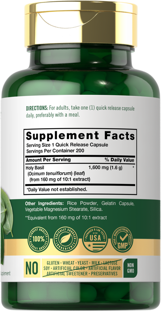 1,600 mg (1.6 g) Holy Basil capsules in quick release form, shown on a hand scale for size reference.