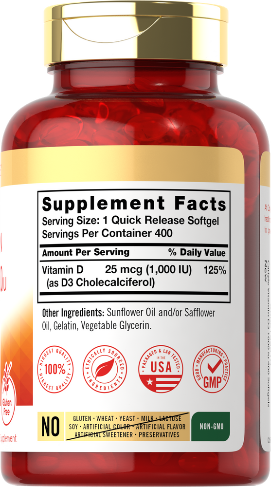 Bulk scale image of 400 red Quick Release Softgels containing 1000 IU of Vitamin D3.