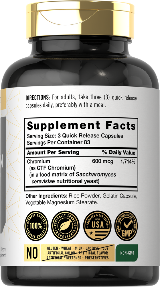 Carlyle GTF Chromium 600 mcg, 250 quick release capsules in a clear container, displayed on a hand for scale.
