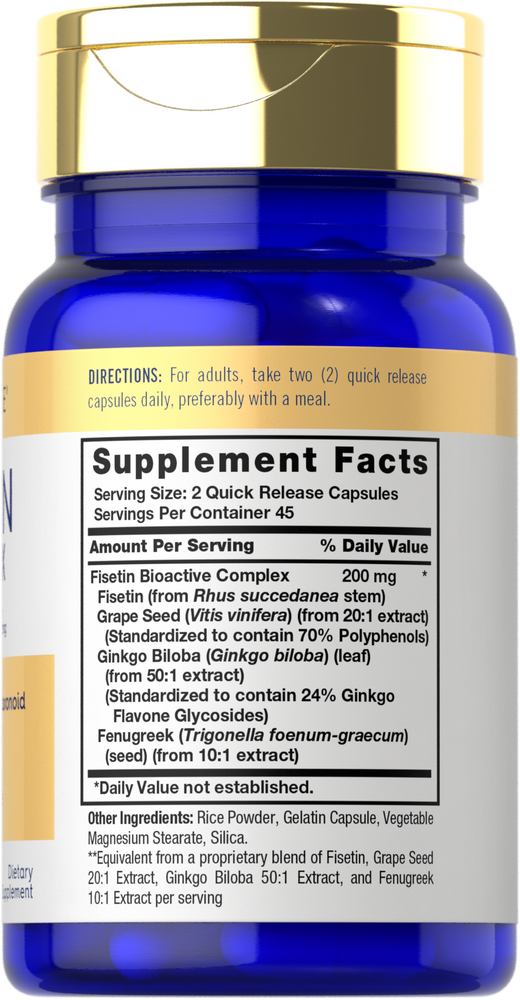 Hand holding a bottle of Carlyle Fisetin 200 mg Complex with 90 quick-release capsules in bulk scale view.