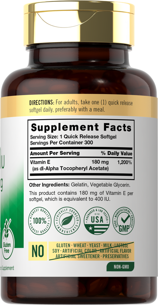 A hand holds a quick release softgel containing 180 mg Vitamin E (400 IU).