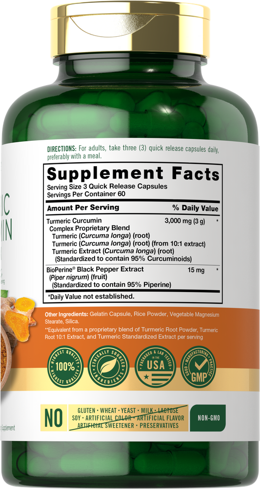 Green Turmeric Complex 3000 mg bottle with 180 capsules, showing the green capsules inside.