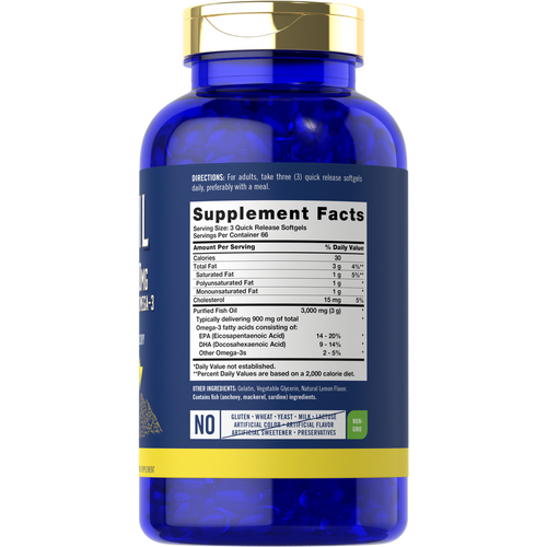 View 2 A blue bottle of Carlyle Fish Oil 3000mg Quick Release Softgels resting on a hand scale.