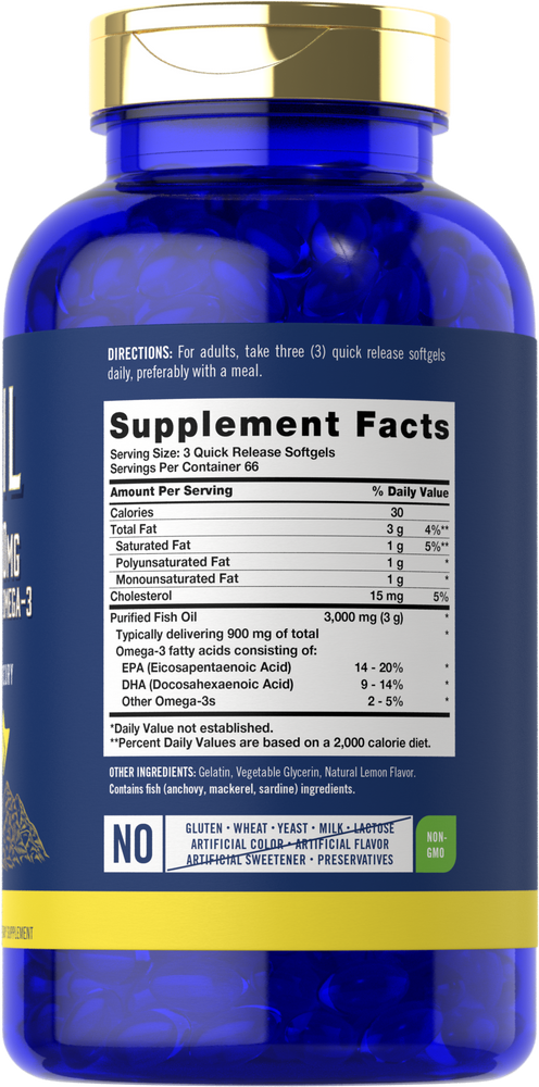 A blue bottle of Carlyle Fish Oil 3000mg Quick Release Softgels resting on a hand scale.