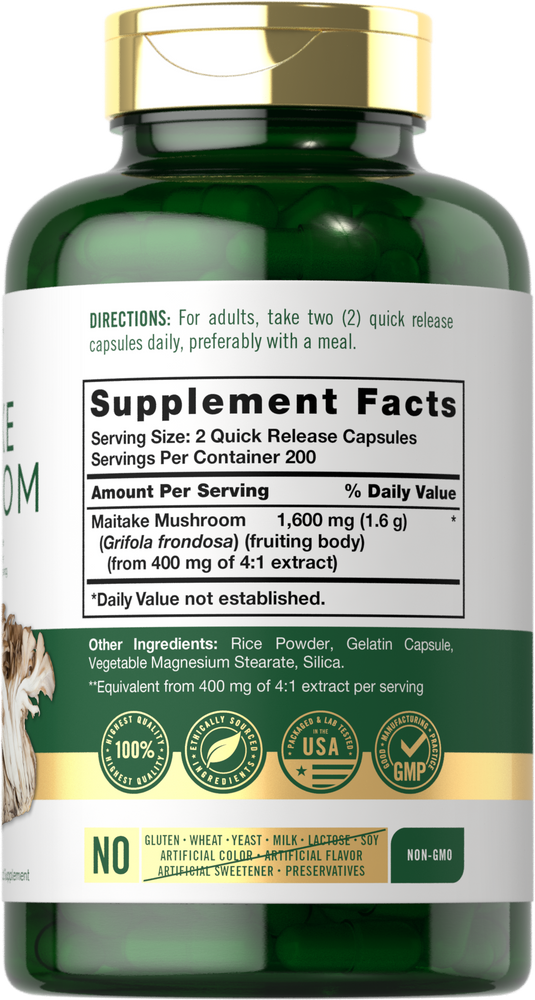 Hand holding Maitake Mushroom 1600 mg quick release capsules, showcasing bottle size and scale for visual reference.