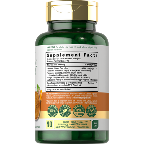 View 2 Hand holding a bottle of Turmeric 3000 mg Complex with Ginger, containing 120 softgels, showing supplement details.