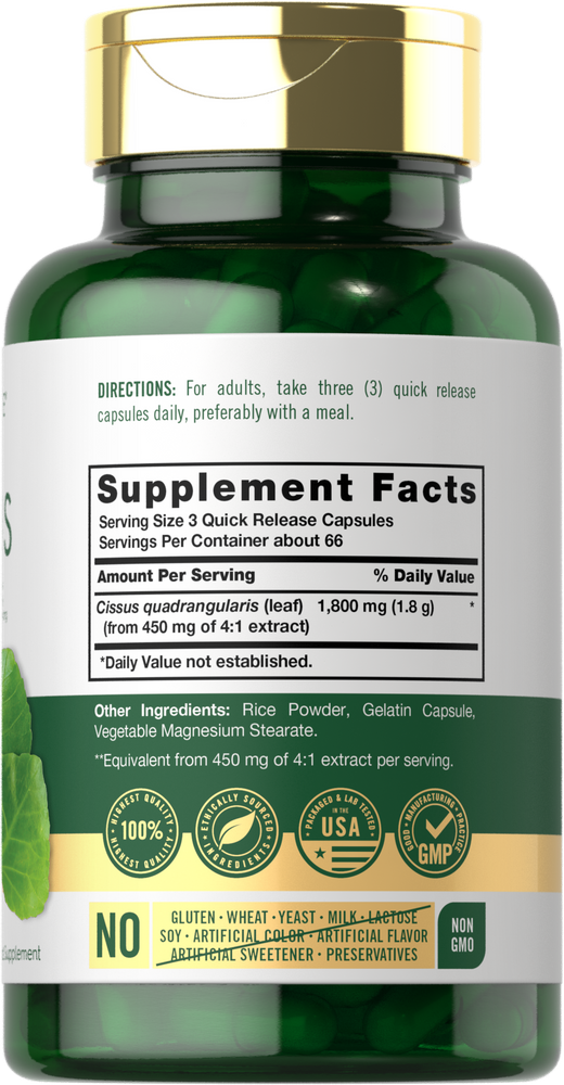 Hand holding Carlyle Cissus 1800 mg Quick Release Capsules, showcasing bottle size and quantity.