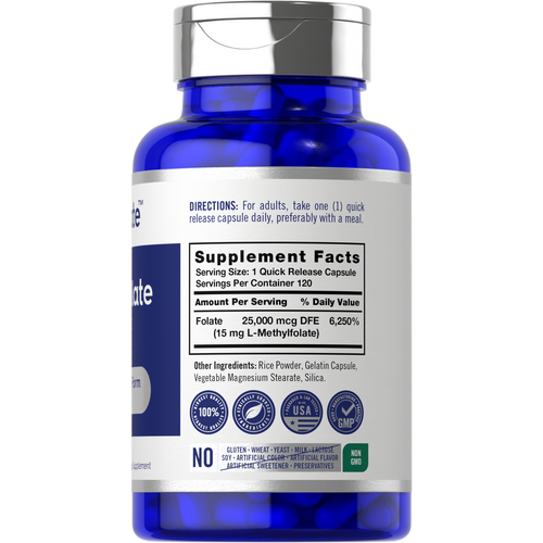 View 2 A hand holds a bottle of L-Methylfolate 15 mg Quick Release Capsules, displaying the scale and size of the supplement container.