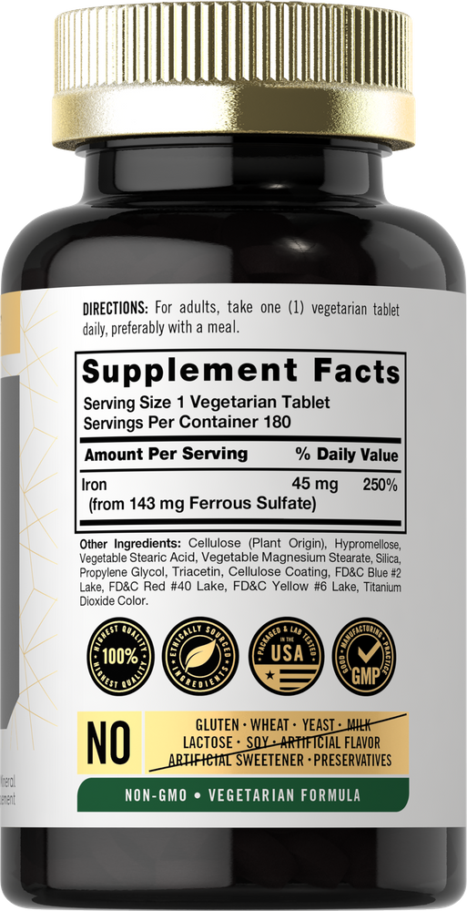 Supplement Facts panel for Carlyle Slow Release Iron 45 mg in a 180-tablet bottle.