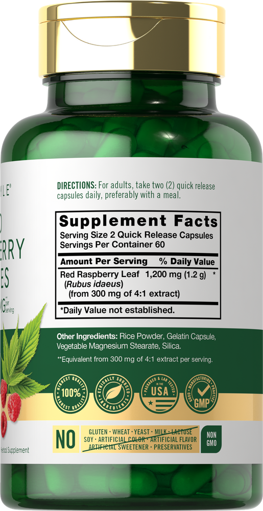Green capsules in a bottle labeled 1200 mg per 2-capsule serving; quick release formulation.