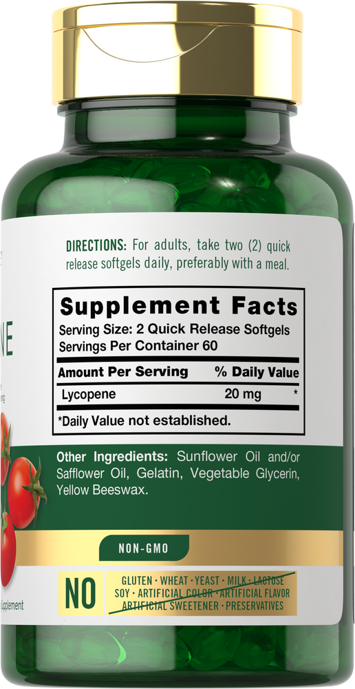 Hand holding a bottle of Lycopene 20 mg Quick Release Softgels, 120 count, showing scale for size comparison.