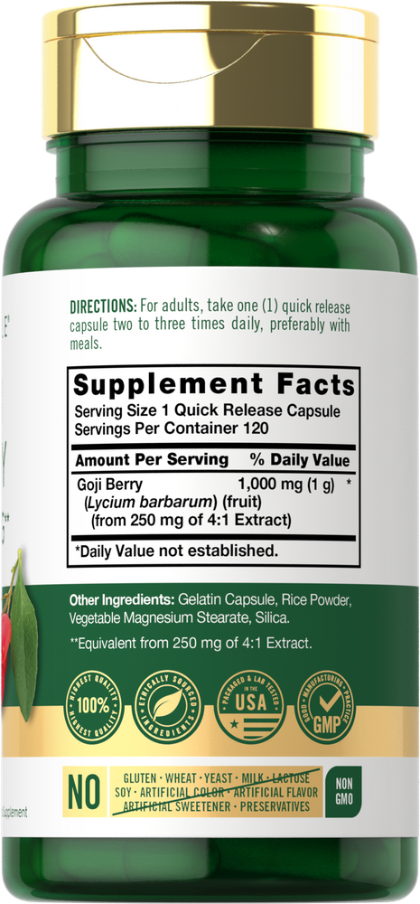 Hand holding Goji Berry 1000 mg Quick Release Capsules, showcasing product size and packaging.