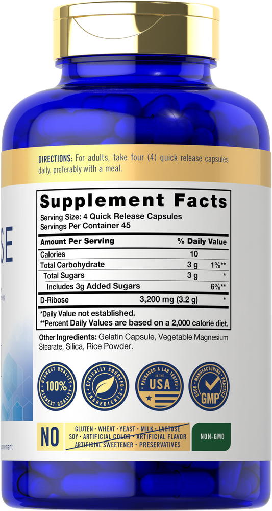 D-Ribose capsules, 3200 mg per 4 capsules, in quick release form.