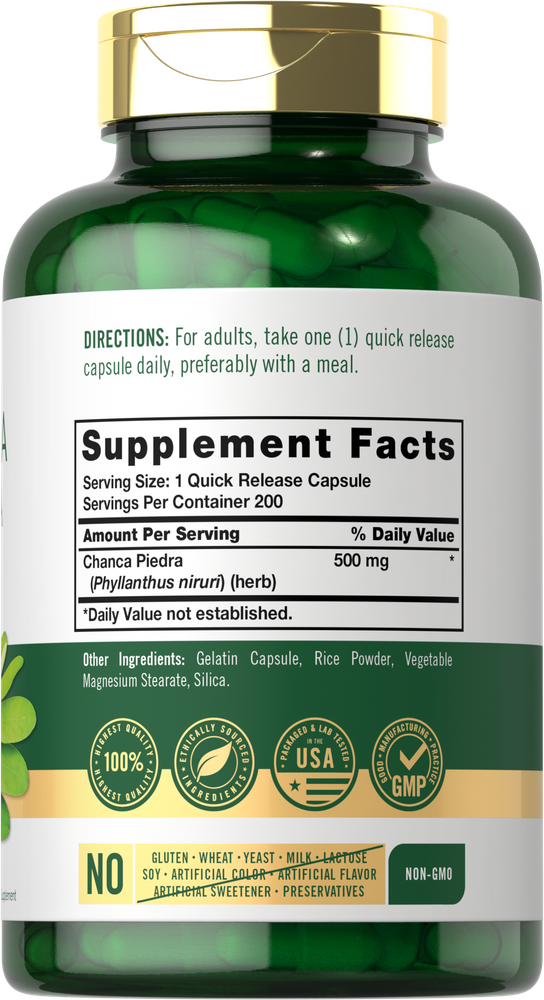 A green bottle of Chanca Piedra containing 500 mg quick release capsules, 200 in total.