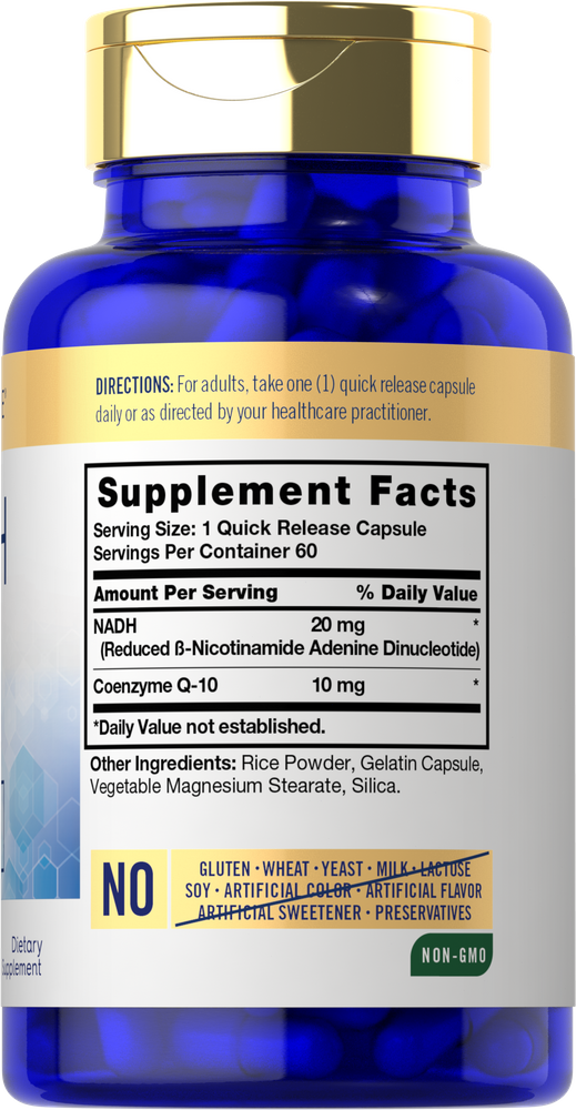 Hand holding Quick Release capsules with NADH 20 mg and Coenzyme Q-10 10 mg indicated on the label.