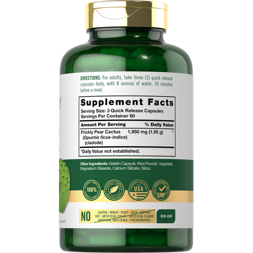 View 2 A clear bottle with 180 green quick release capsules of Carlyle Prickly Pear 1950 mg.