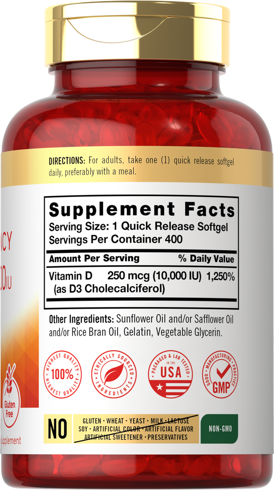 A red bottle of 400 red oval Vitamin D 10,000 IU (250 mcg) Quick Release Softgels.