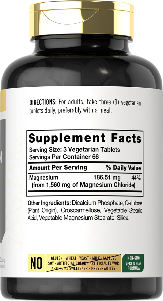 Vegetarian tablets with 186.51 mg Magnesium from 1,560 mg Magnesium Chloride per 3-tablet serving.