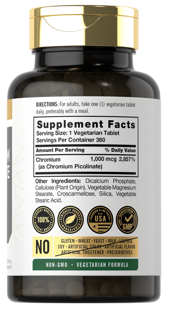 A bottle with 360 Chromium Picolinate tablets shown on a scale.