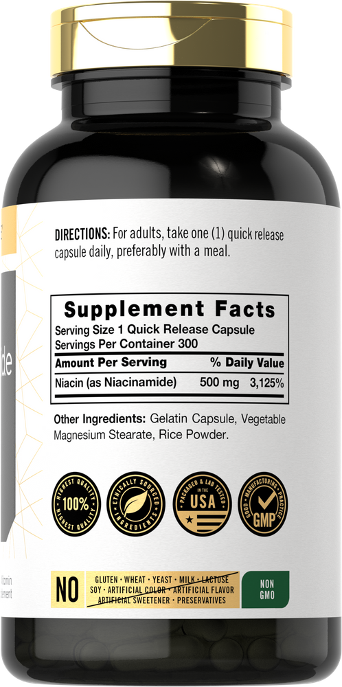 Hand holding a bottle of Quick Release Niacinamide 500 mg capsules, 300 count, showcasing the product size and label.