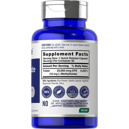 View 2 Supplement label for Quick Release Capsule showing 15 mg L-Methylfolate dosage details.