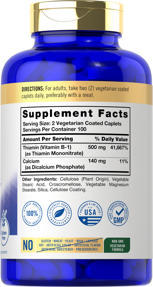 Bottle of 200 vegetarian-coated caplets, each with 500mg of Vitamin B1.