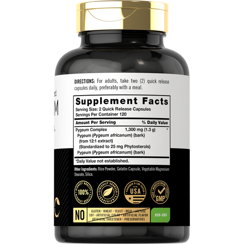 View 2 Hand holding Pygeum Standardized 1300 mg Quick Release Capsules, 1300 mg per 2 capsules.