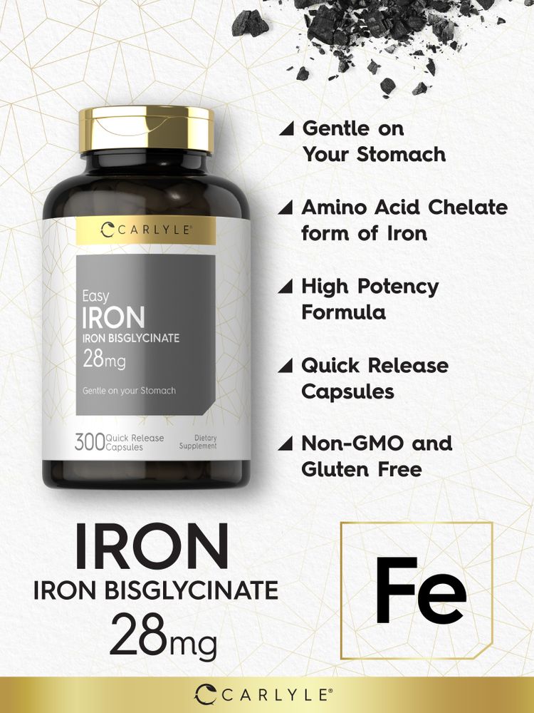 Product highlights graphic stating Gentle on Stomach, Amino Acid Chelate Iron, High Potency, Quick Release Capsules, Non-GMO and Gluten Free