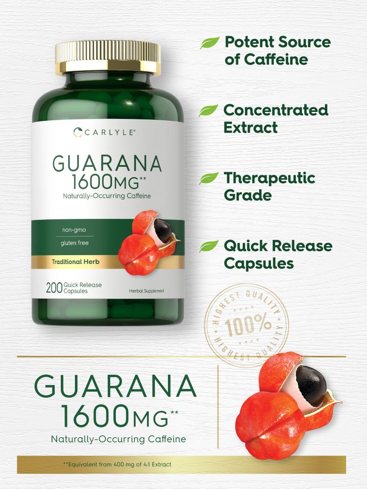Carlyle Guarana 1600 mg Quick Release Capsules, available in a 200 count bottle, photographed with a hand showing size scale.