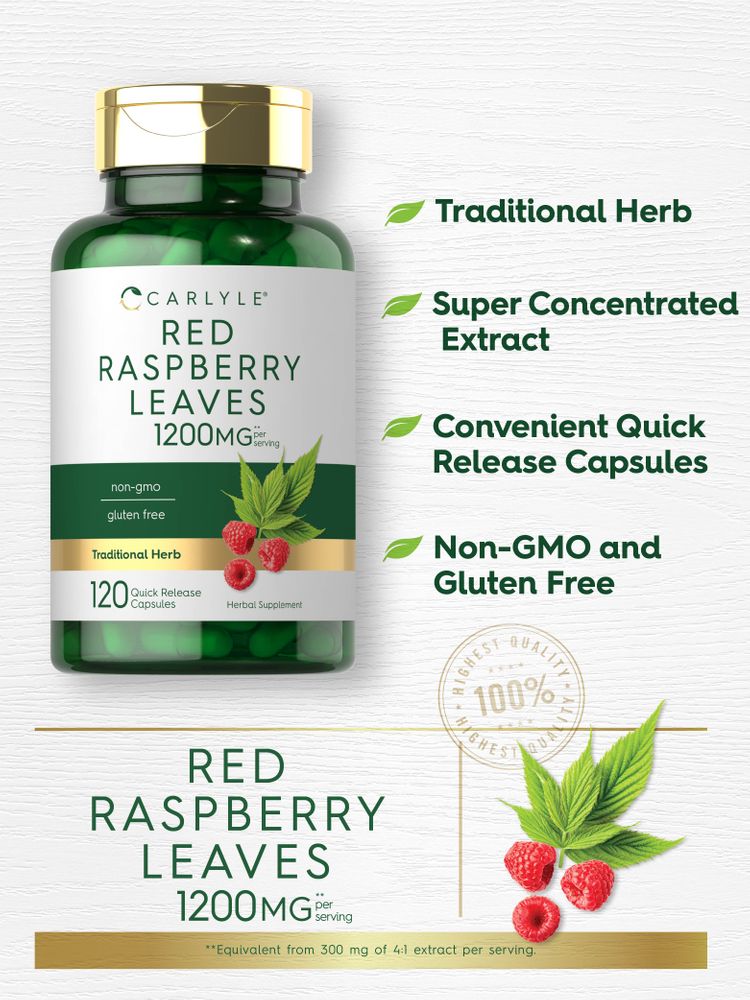 Hand holding a bottle of Red Raspberry Leaves, 1200MG per serving, containing 120 quick-release capsules.