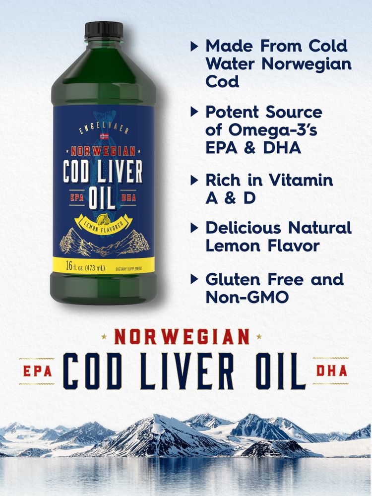A hand holding a 16 fl. oz. (473 mL) bottle of Norwegian Cod Liver Oil, lemon flavored.