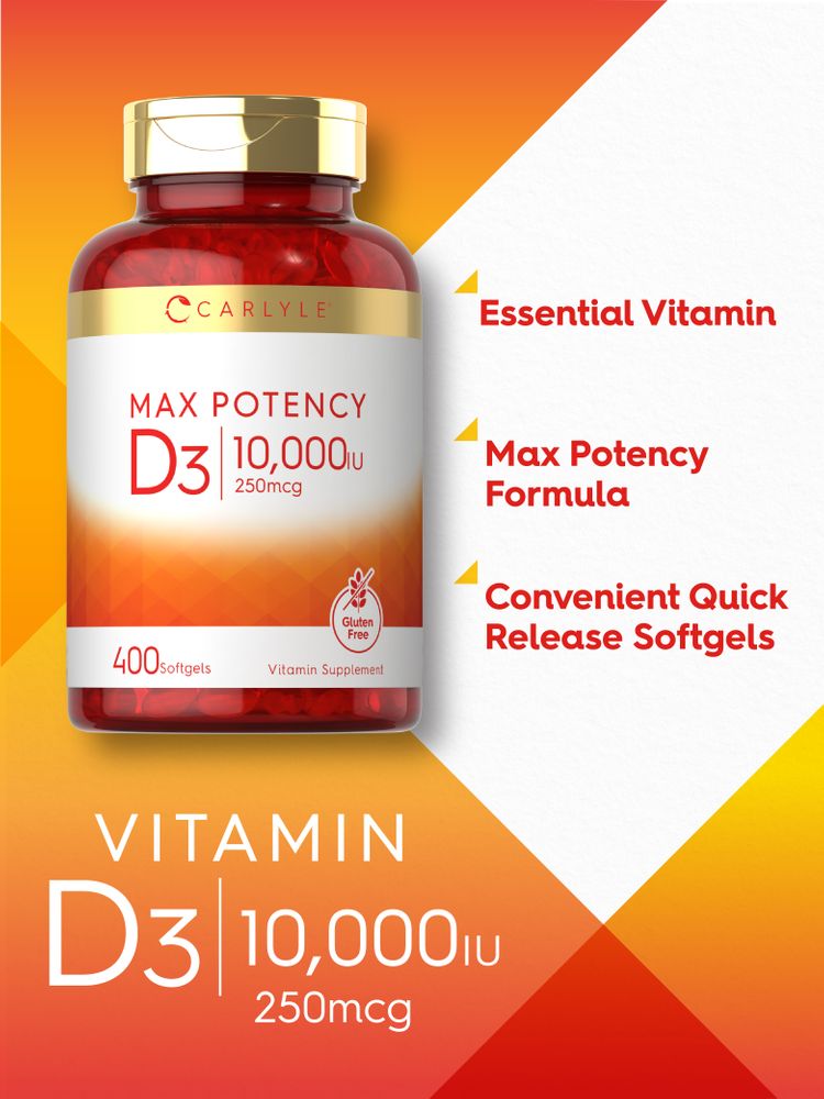 Bottle of Vitamin D3 10,000 IU, 250mcg, with 400 softgels shown on a hand for scale.